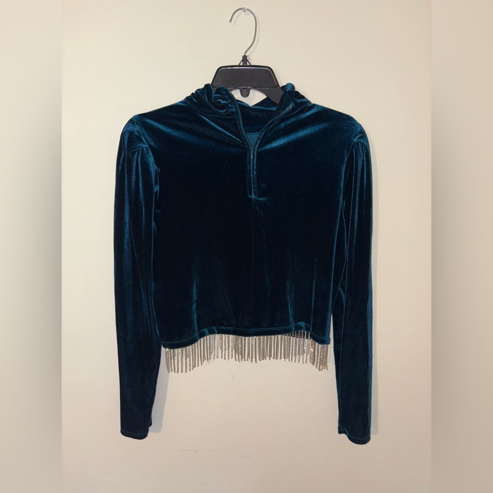 Joie Teal Velour Mock Neck Blouse Rhinestone Turtle Neck Size Medium